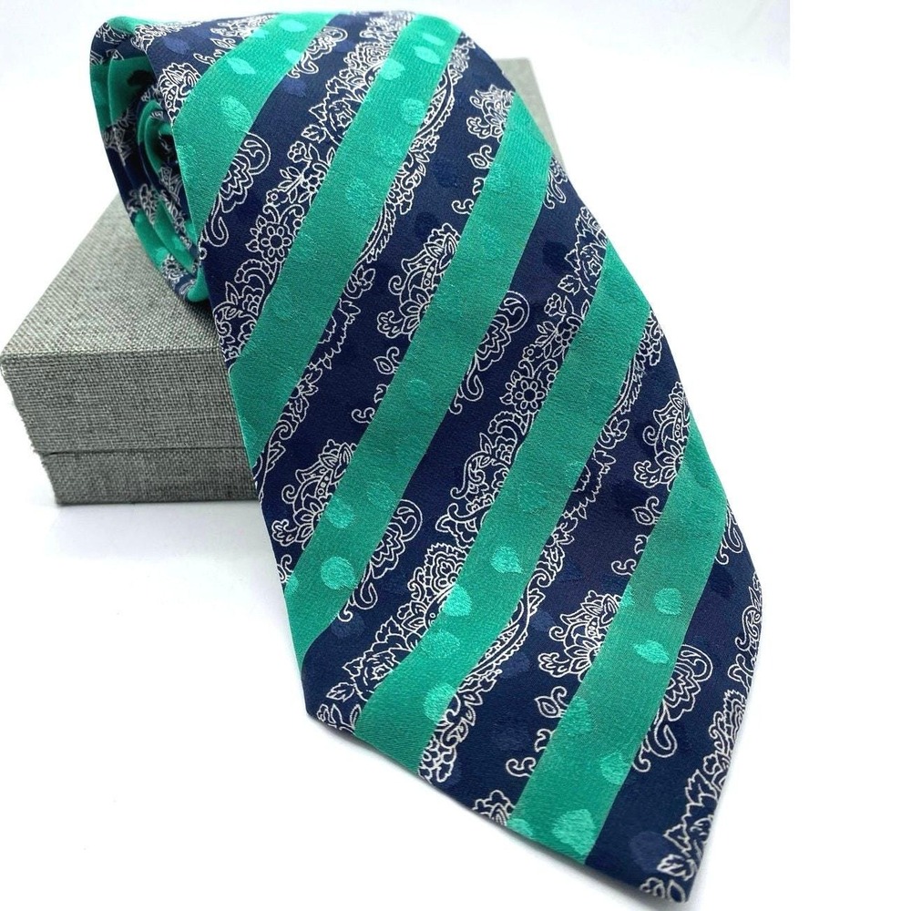 Italo Ferretti Necktie Blue/Green Diagonal  Stripe‎ 100% Silk Made Italy 4 x60"